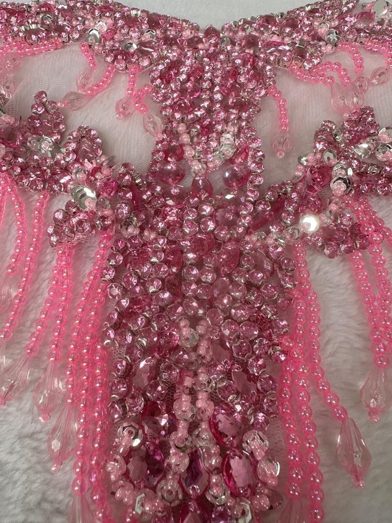 MOPISVN Handmade Crystal on lace Applique Sewing Rhinestones Fringe Beads Sequins Patches Trim Luxury Decoration Accessories for Wedding Dress 17X12.5inches (Pink) - Image 3